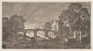 Zonsondergang boven een rivier, uit Landschappen (Playsante Lantschappen) door Claes Jansz. Visscher II