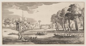 Reizigers in rieboten naderen een dorp, uit Landschappen (Playsante Lantschappen) door Claes Jansz. Visscher II