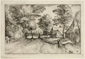 Dorpsweg, plaat vier naar Afbeeldingen van boerderijen, landhuizen en rustieke dorpen (Praediorum villarum et rusticarum casularum icones) door Claes Jansz. Visscher II