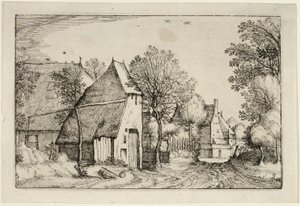 Dorpsweg, plaat drie naar Afbeeldingen van boerderijen, landhuizen en rustieke dorpen (Praediorum villarum et rusticarum casularum icones) door Claes Jansz. Visscher II