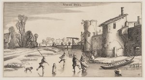 Winterlandschap met schaatsers langs een stadsmuur, uit Landschappen (Playsante Lantschappen) door Claes Jansz. Visscher II