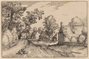 Dorpstraat door Claes Jansz Visscher after Johannes van Doetechum, the Elder after Lucas