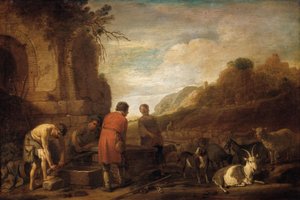 De ontmoeting van Jakob en Rachel (Genesis 29:10)