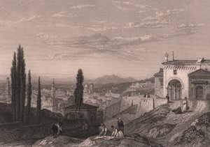 Panoramisch uitzicht op de stad Verona vanaf de kerk van San Zeno in Monte, Veneto, Italië, staalgravure door S Fisher naar tekening van Clarkson Stanfield, circa 14x12 cm