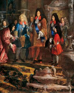 Lodewijk XIV ontvangt onderwerping, Doge van Genua in mei 1685 (detail) door Claude Guy Halle