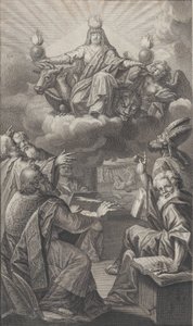 Allegorische figuur die op wolken verschijnt terwijl een groep mannen beneden omhoog kijkt, 1728