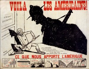 Hier zijn de Amerikanen en wat Amerika ons brengt - poster over de Amerikaanse oorlogsbijdrage, ill. door Charles Saunier (geboren 1865)
