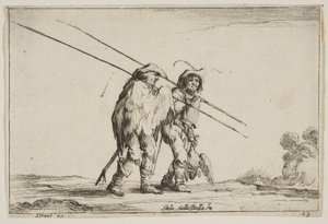 Plaat 13: Twee piekeniers lopen naar rechts, elk met hun pieken in hun rechterhand, 1642 door Claude Goyrand