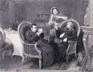 Na het eten: Twee priesters drinken koffie en digestief, geserveerd door hun dienstmeid door Claude Jacquand