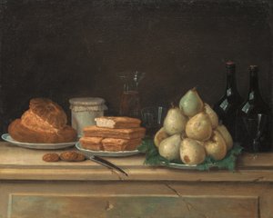 Peren en brood op borden, met flessen wijn en glazen op een stenen richel door Claude Joseph Fraichot