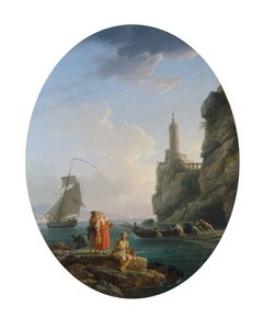 Een mediterrane kustlijn met een verliefd stel en vissers