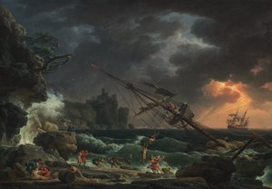 Een schipbreuk in stormachtige zeeën door Claude Joseph Vernet