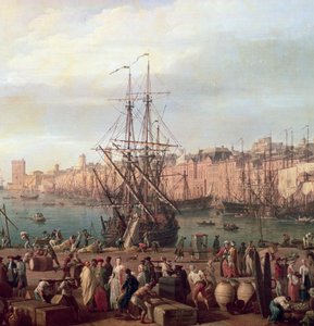Ochtendzicht op de Binnenhaven van Marseille en het Paviljoen van de Horloge du Parc, 1754 (detail) door Claude Joseph Vernet