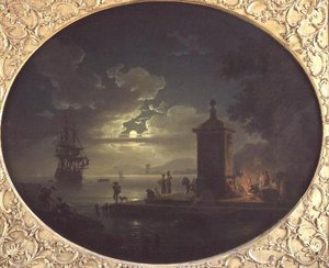 Nacht: een maanverlichte kustlandschap met vissers bij een vuur op een kade, een oorlogsschip daarachter door Claude Joseph Vernet