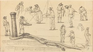 Kadefiguren en een stuk touw bevestigd aan een bolder door Claude Joseph Vernet