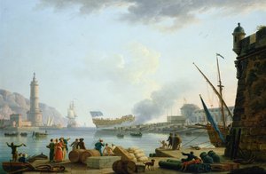 De tewaterlating van het oorlogsschip bij de monding van een haven, 1781 door Claude Joseph Vernet