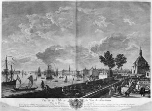 Uitzicht op de Stad en Haven van Bordeaux gezien vanaf Chateau Trompette, serie "Les Ports de France", gegraveerd door Charles Nicolas Cochin de Jongere