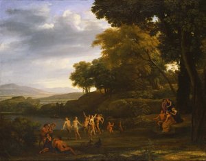 Landschap met dansende saters en nimfen.