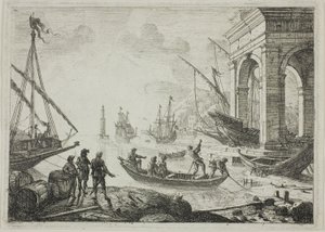 Havenscène met een vuurtoren door Claude Lorrain