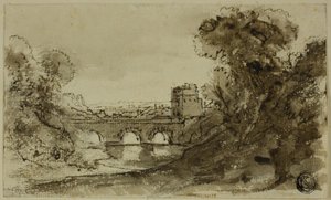 Italiaans rivierlandschap met brug en toren door Claude Lorrain