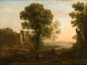 Landschap met boeren die terugkeren met hun kuddes