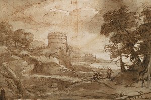 Landschap met ronde toren en baai
