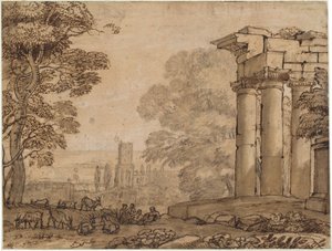 Landschap met Ruïnes, Pastorale Figuren en Bomen door Claude Lorrain