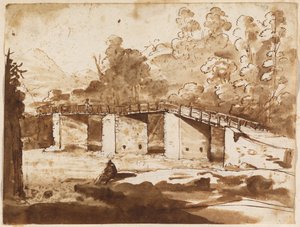 Landschap met een brug door Claude Lorrain