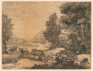 Herder en herderin in gesprek in een landschap door Claude Lorrain