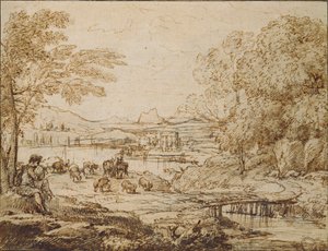 Jongeling die een Fluit speelt in een Pastoraal Landschap, ca. 1640s door Claude Lorrain