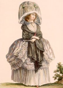 Een zomerse promenadejurk voor dames, gegraveerd door Deny, uit 