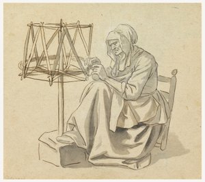 Tekening, Een oude vrouw spint, 1810-30