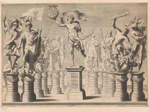 Allegorie ter ere van het huis Savoye met legendarische figuren op sokkels