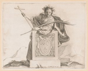 Allegorische figuur met het wapen van de familie Potier door Claude Mellan