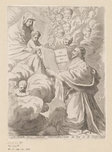 Armand-Jean du Plessis hertog van Richelieu presenteert een boek aan Maria met Kind. Titelpagina voor: Armand-Jean du Plessis hertog van Richelieu, Traité de la perfection du chrétien door Claude Mellan