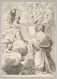 Kardinaal Richelieu, knielend, presenteert zijn boek aan de Maagd en het Kind, ca. 1646 door Claude Mellan