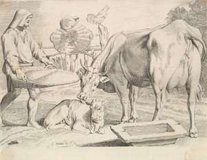 Plattelandsscène met een boer, koe en kalf