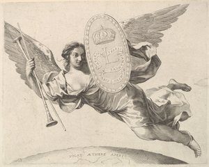 Roem die een schild draagt met de initialen van Lodewijk XIV La Renommée volant door Claude Mellan