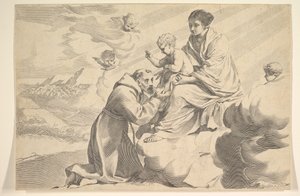 Sint Franciscus van Assisi die het Christuskind op de schoot van de Maagd aanbidt door Claude Mellan