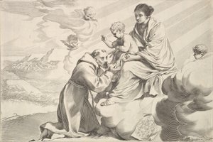 Sint Franciscus van Assisi die het Christuskind aanbidt op de schoot van de Maagd door Claude Mellan