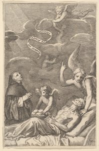St. Nicolaas bidt voor een stervende man door Claude Mellan