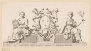 Wapen van de notarissen van het Châtelet in Parijs met personificaties van het Goede Geloof en de Wet door Claude Mellan
