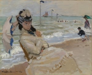 Camille op het strand van Trouville door Claude Monet
