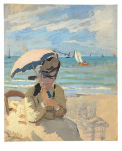 Camille zittend op het strand in Trouville