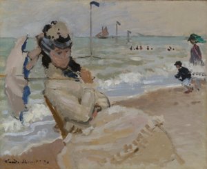 Camille op het strand in Trouville door Claude Monet