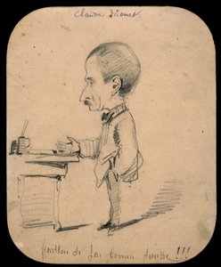 Karikatuur van een man die bij een bureau staat (recto); Schets van een mannelijk hoofd in profiel (verso)
