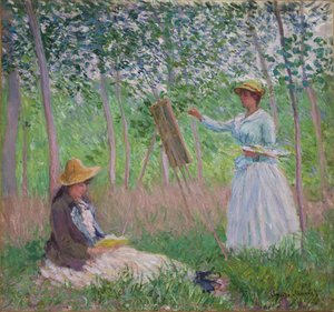 In het bos bij Giverny: Blanche Hoschede aan haar ezel met Suzanne Hoschede lezend, 1887 door Claude Monet