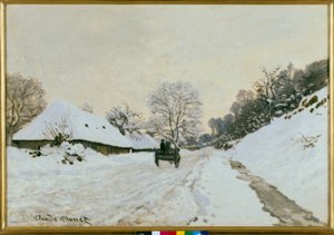 De kar. Weg onder de sneeuw in Honfleur door Claude Monet