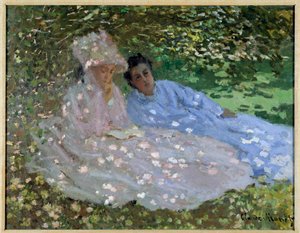 Mevrouw Monet en een vriendin in de tuin. Twee vrouwen zittend in de schaduw van een boom