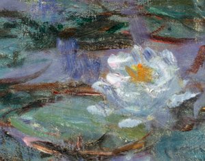 Blauwe waterlelies. Detail van een waterlelie door Claude Monet